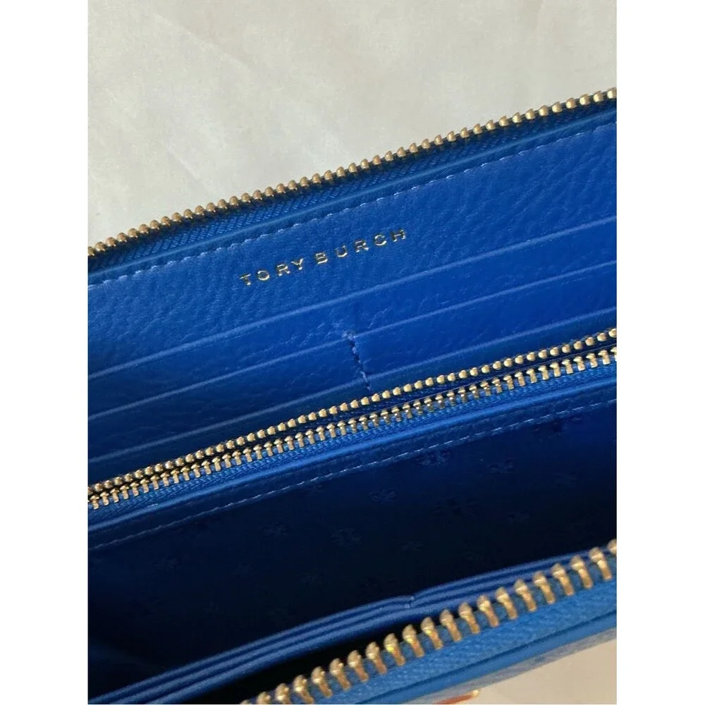 Tory Burch Cobalt Blue Zip-Around Wallet with Gold Logo